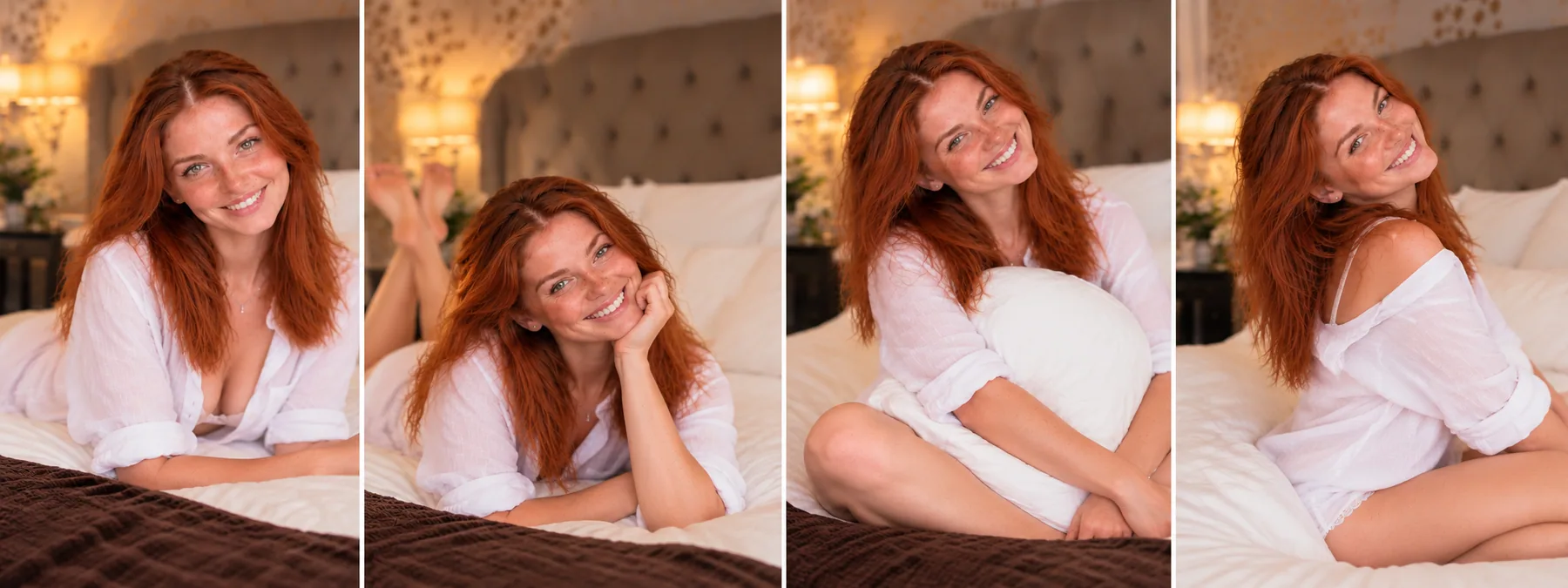 Four portraits of Ailís smiling in a white shirt in a warmly lit bedroom